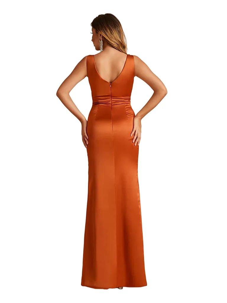 Elegant V-Neck Ruched Mermaid Satin Long Bridesmaid Dresses Online sold by ChicSew product image thumbnail 3