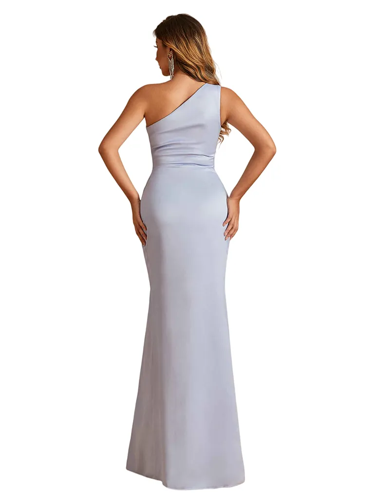 Sexy One Shoulder Side Slit Ruched Mermaid Soft Satin Long Bridesmaid Dresses Online sold by ChicSew product image thumbnail 3