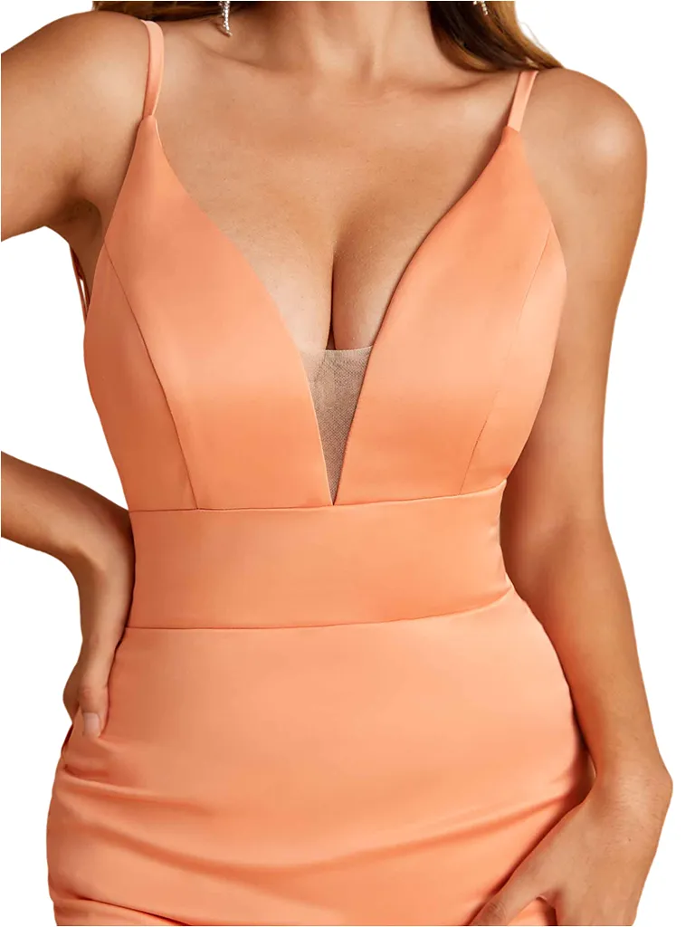 Simple V-Neck Spaghetti Straps Open Back Mermaid Soft Satin Long Bridesmaid Dresses sold by ChicSew product image thumbnail 2