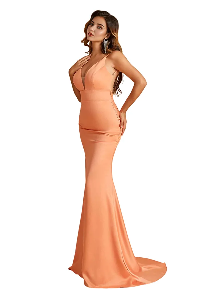 Simple V-Neck Spaghetti Straps Open Back Mermaid Soft Satin Long Bridesmaid Dresses sold by ChicSew product image thumbnail 5