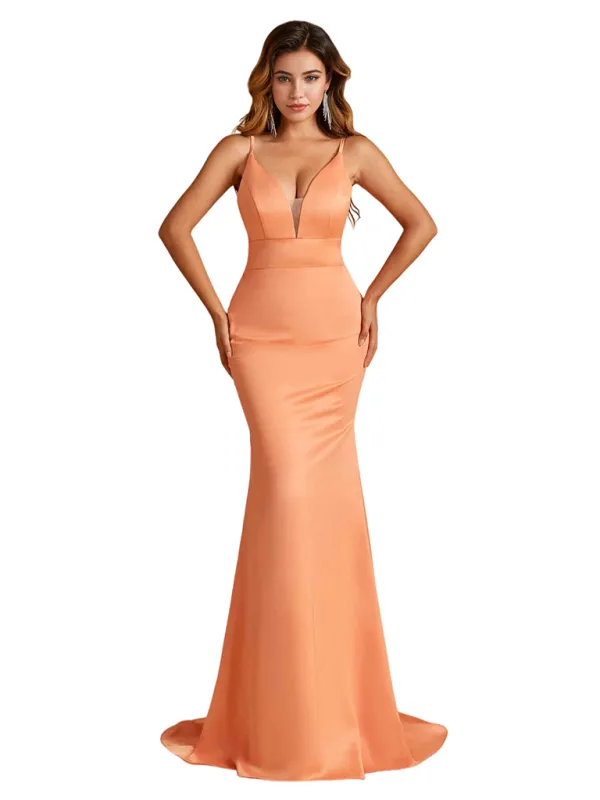 Simple V-Neck Spaghetti Straps Open Back Mermaid Soft Satin Long Bridesmaid Dresses sold by ChicSew