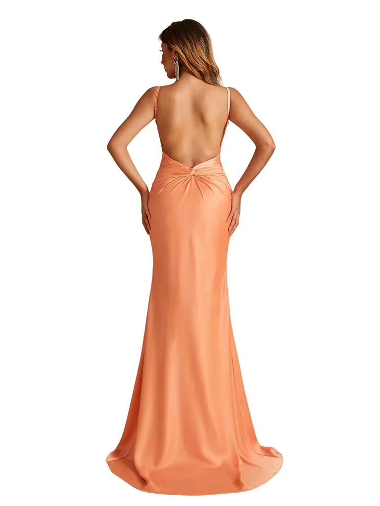 Simple V-Neck Spaghetti Straps Open Back Mermaid Soft Satin Long Bridesmaid Dresses sold by ChicSew product image thumbnail 3