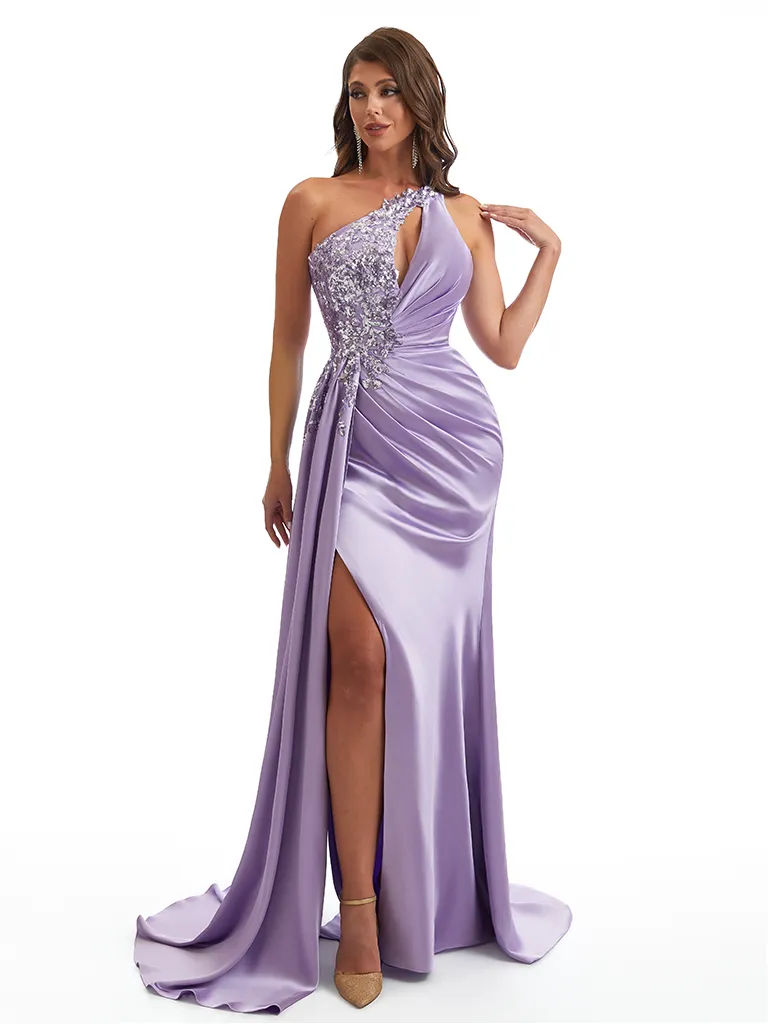 Sexy One Shoulder Beaded Lace Satin Mermaid Side Slit Long Bridesmaid Dresses Online sold by ChicSew