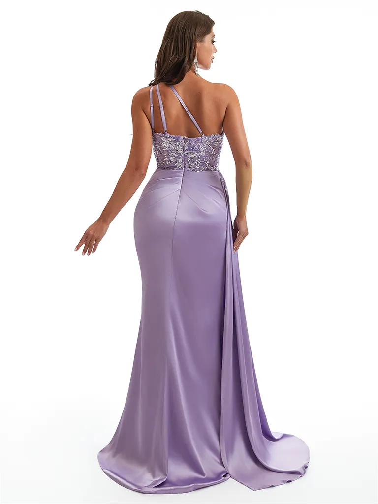 Sexy One Shoulder Beaded Lace Satin Mermaid Side Slit Long Bridesmaid Dresses Online sold by ChicSew product image thumbnail 3