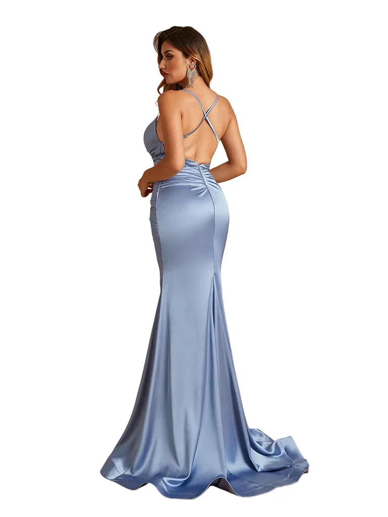 Sexy V-Neck Spaghetti Straps Ruched Satin Mermaid Long Wedding Bridesmaid Dresses sold by ChicSew product image thumbnail 3