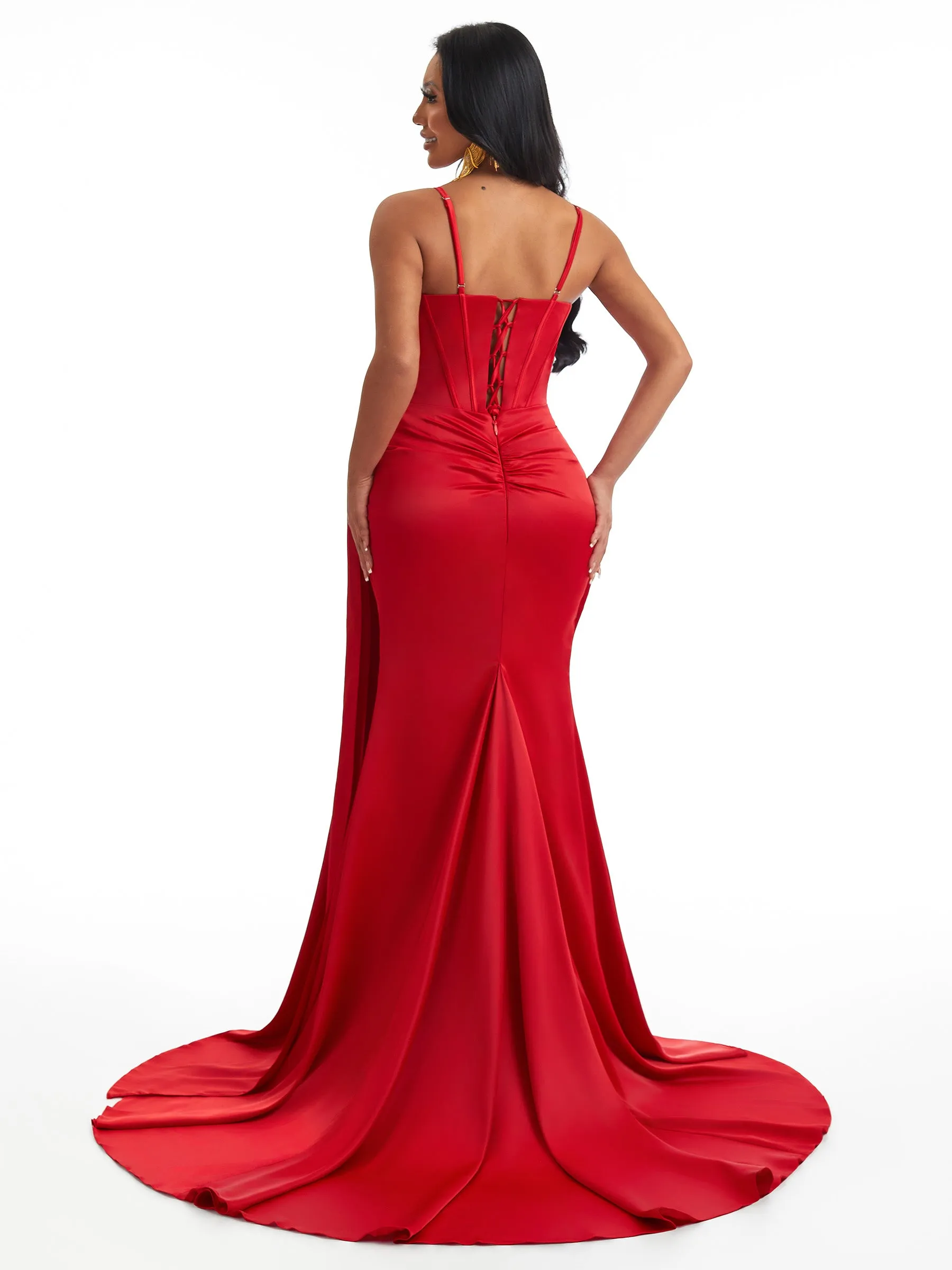 Sexy Mermaid Spaghetti Straps Ruched Side Slit Soft Satin Long Bridesmaid Dresses Online sold by ChicSew product image thumbnail 3