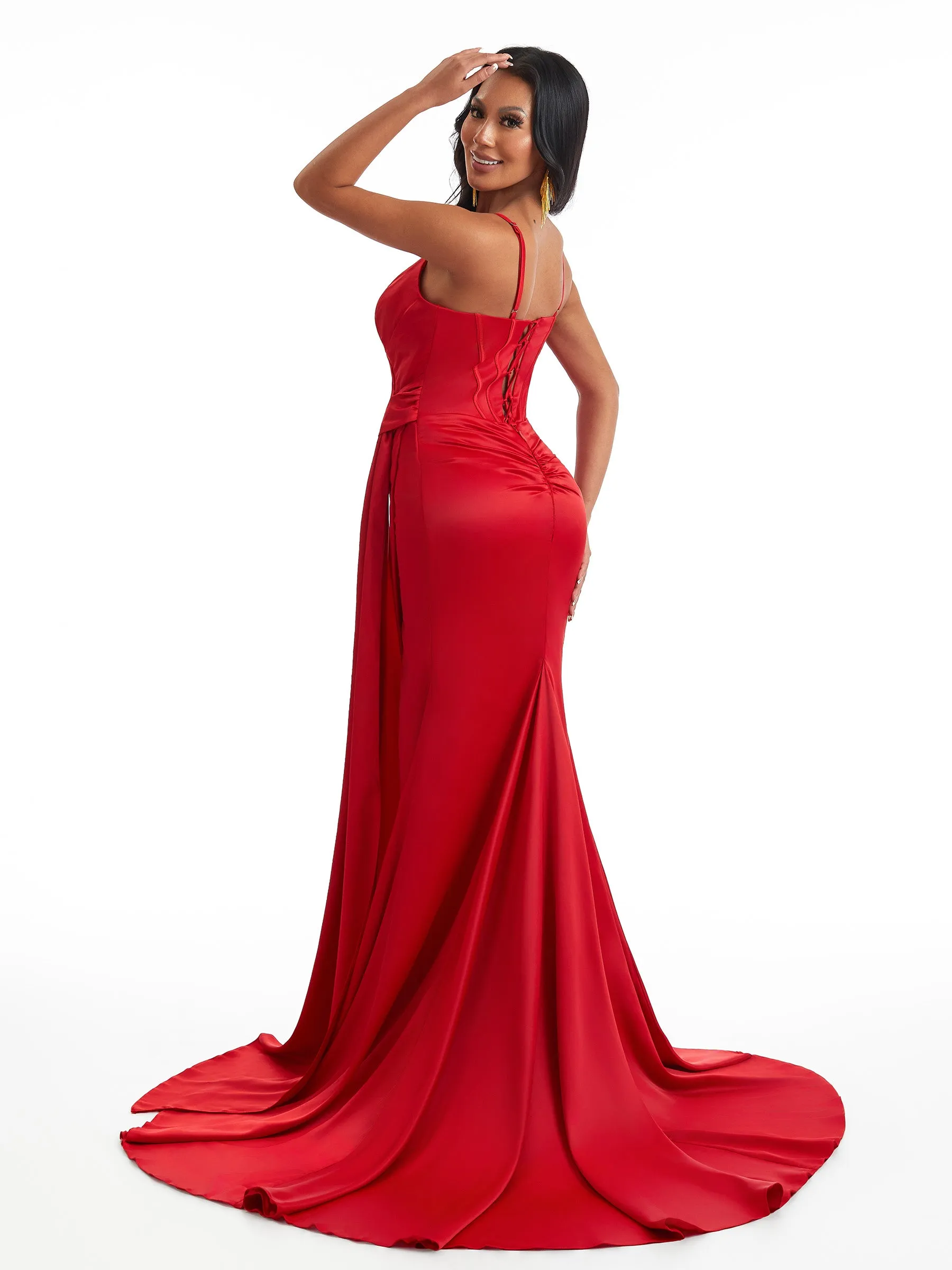 Sexy Mermaid Spaghetti Straps Ruched Side Slit Soft Satin Long Bridesmaid Dresses Online sold by ChicSew product image thumbnail 5