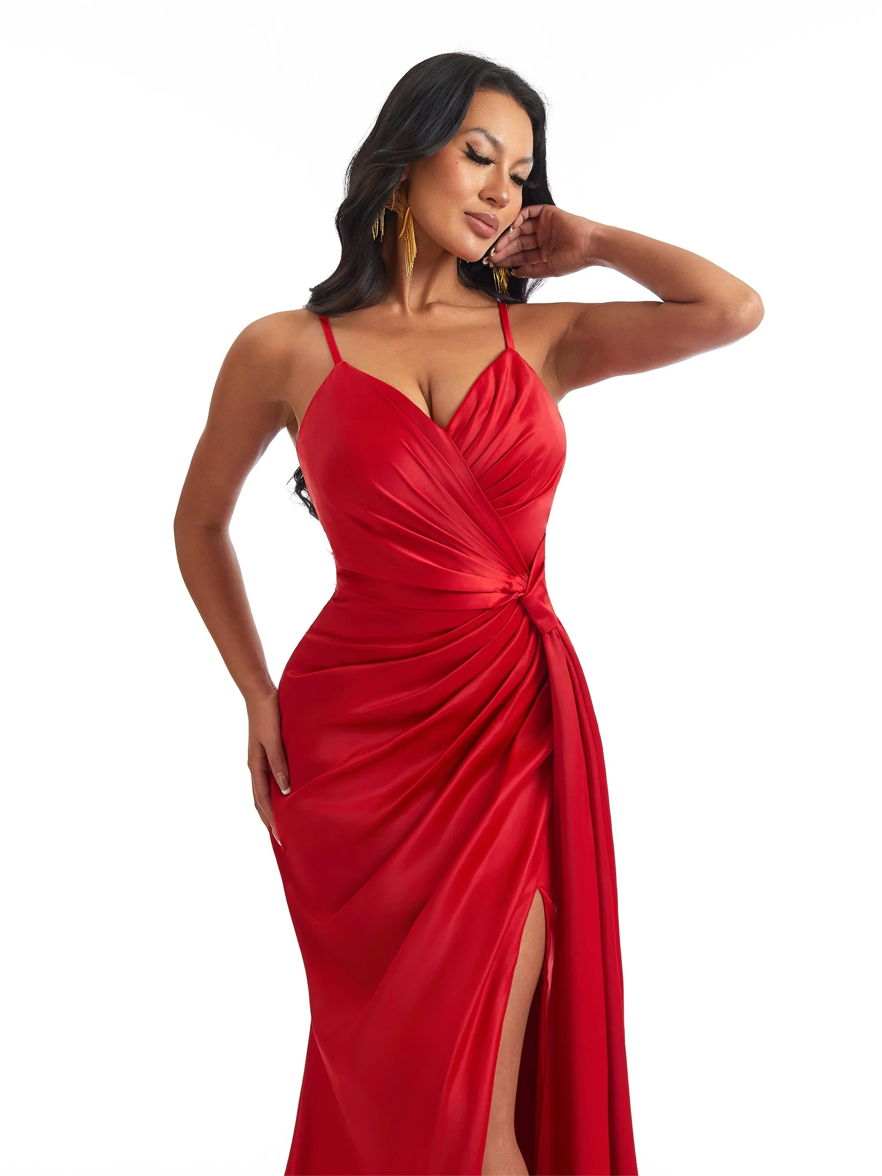 Sexy Mermaid Spaghetti Straps Ruched Side Slit Soft Satin Long Bridesmaid Dresses Online sold by ChicSew product image thumbnail 2
