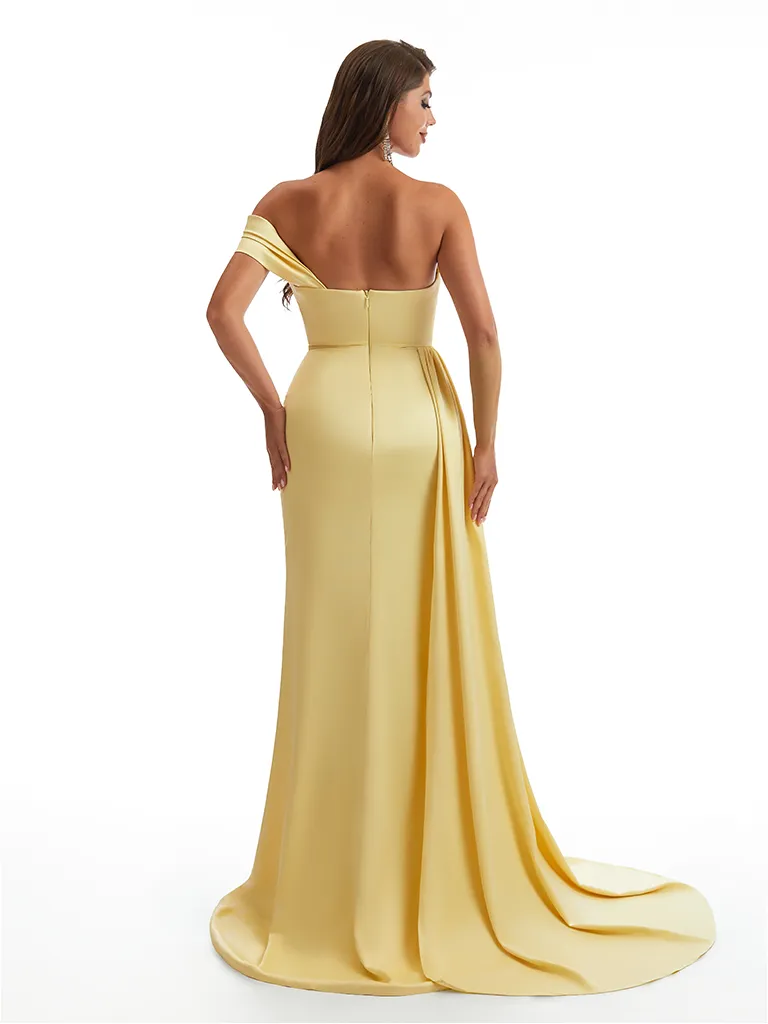 Sexy One Shoulder Mermaid Side Slit Ruched Satin Long Bridesmaid Dresses Online sold by ChicSew product image thumbnail 3