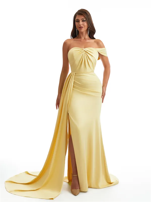 Sexy One Shoulder Mermaid Side Slit Ruched Satin Long Bridesmaid Dresses Online sold by ChicSew
