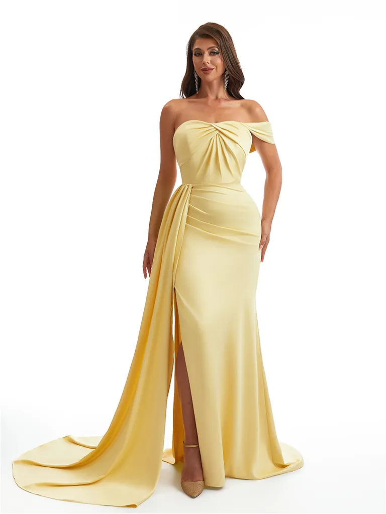 Sexy One Shoulder Mermaid Side Slit Ruched Satin Long Bridesmaid Dresses Online sold by ChicSew