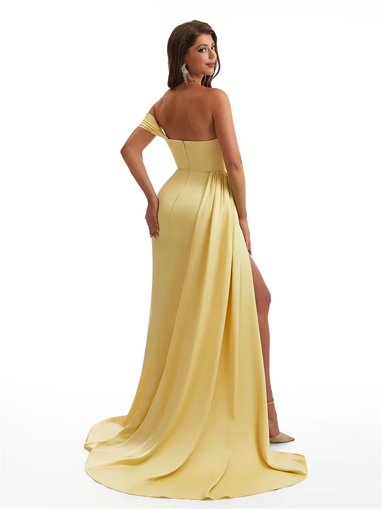 Sexy One Shoulder Mermaid Side Slit Ruched Satin Long Bridesmaid Dresses Online sold by ChicSew product image thumbnail 5