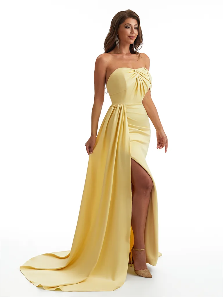 Sexy One Shoulder Mermaid Side Slit Ruched Satin Long Bridesmaid Dresses Online sold by ChicSew product image thumbnail 4