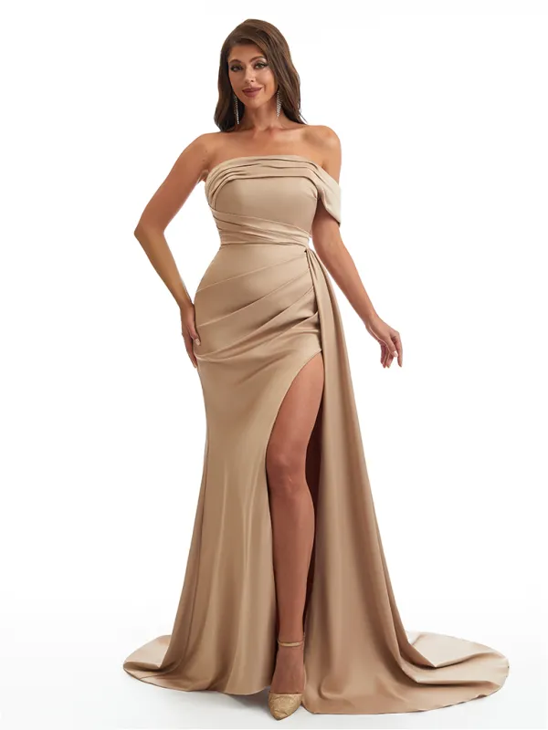 Sexy One Shoulder Side Slit Mermaid Soft Satin Long Bridesmaid Dresses Online sold by ChicSew