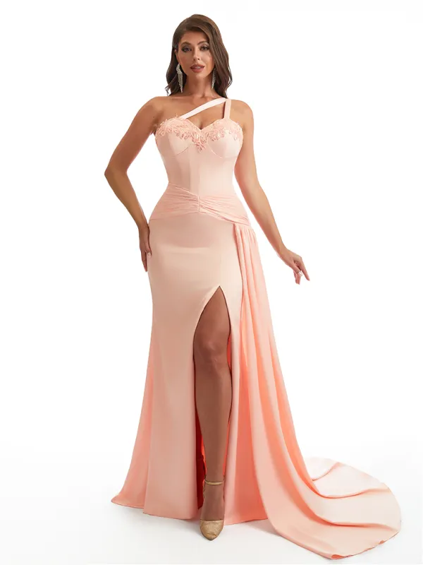 Sexy One Shoulder Side Slit Mermaid Soft Satin Long Bridesmaid Dresses Online sold by ChicSew