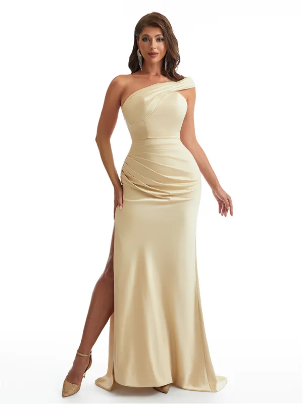 Sexy One Shoulder Side Slit Mermaid Soft Satin Long Bridesmaid Dresses Online sold by ChicSew