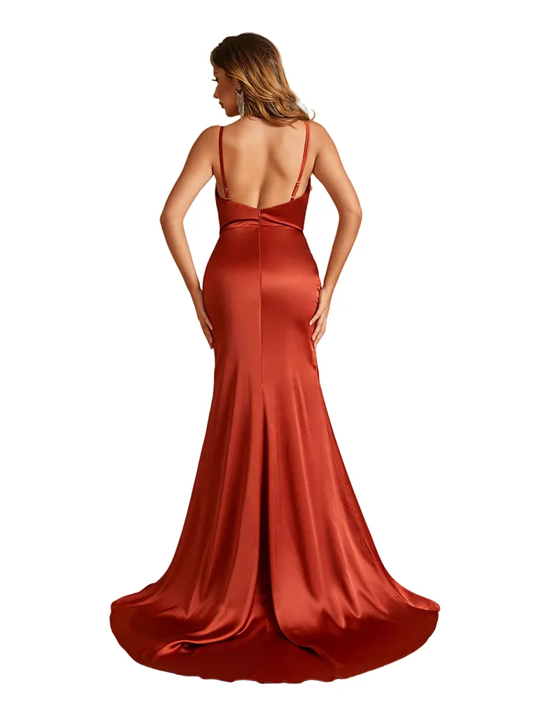 Elegant V-Neck Spaghetti Straps Side Slit Mermaid Soft Satin Long Bridesmaid Dresses Online sold by ChicSew product image thumbnail 3