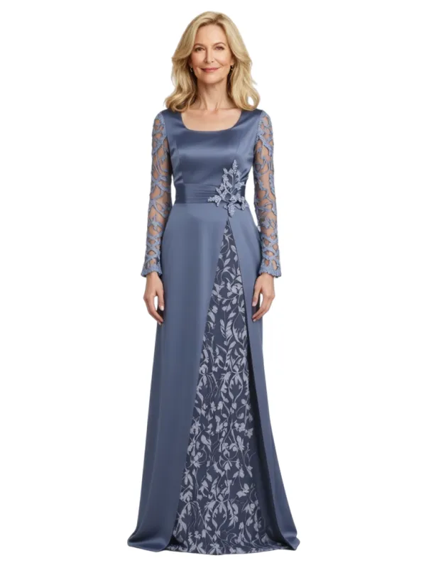 Elegant Square Long Sleeves Lace Satin Floor length Mother of The Bride Dresses For Wedding sold by ChicSew