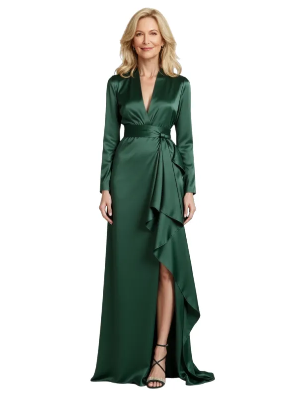 Elegant V-Neck Long Sleeves Satin Floor length Mother of The Bride Dresses For Wedding sold by ChicSew