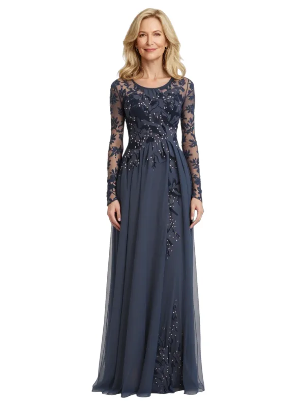 Elegant Scoop Long Sleeves Lace Chiffon A-Line Maxi Mother Of The Groom Evening Gowns sold by ChicSew