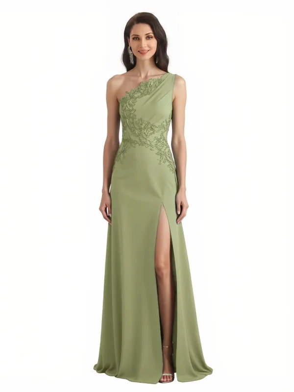 Elegant One Shoulder Lace Applique A-Line Chiffon Mother Of The Bride Dresses Side Slit sold by ChicSew