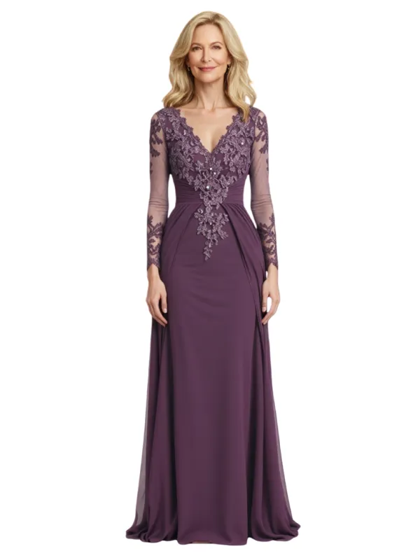 Elegant V-Neck Long Sleeves Lace Chiffon A-Line Long Mother Of The Bride Dresses sold by ChicSew