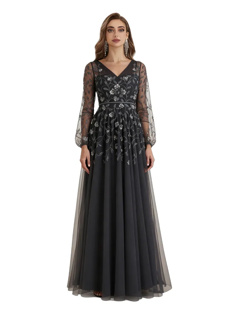 Elegant A-Line V-Neck Lace Long Sleeves Chiffon Long Mother Of The Bride Groom Dresses sold by ChicSew