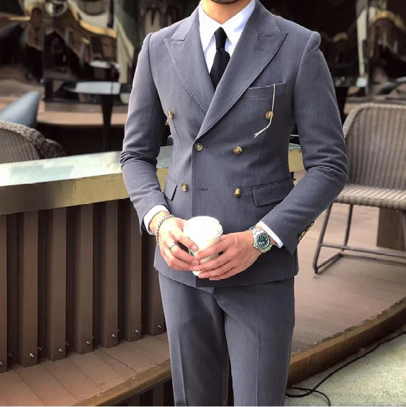 Grey 2 pieces Men‘s Suit Slim Fit Flat Double Breasted Peak Lapel Tuxedo CN503 sold by ChicSew