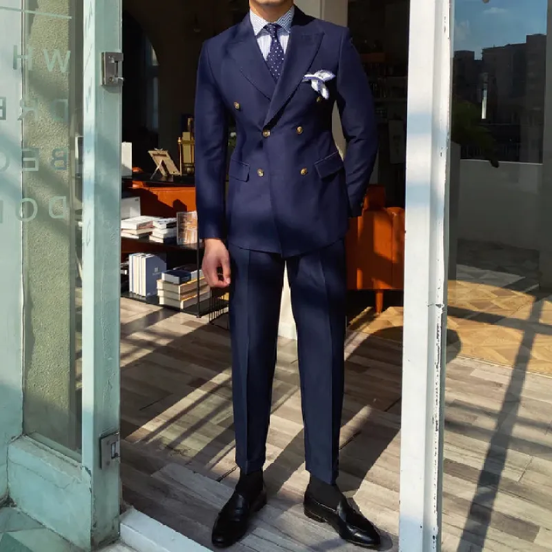 Dark Navy 2 pieces Men‘s Suit Slim Fit Flat Double Breasted Peak Lapel Tuxedo CN501 sold by ChicSew