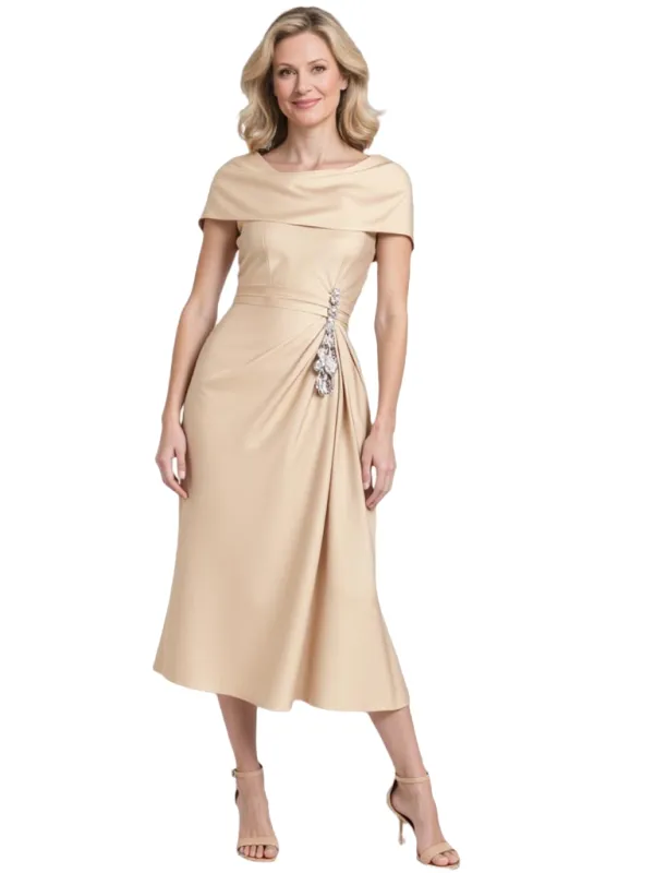Elegant Short Sleeves Soft Satin Sheath Midi Mother of The Bride Dresses For Wedding sold by ChicSew