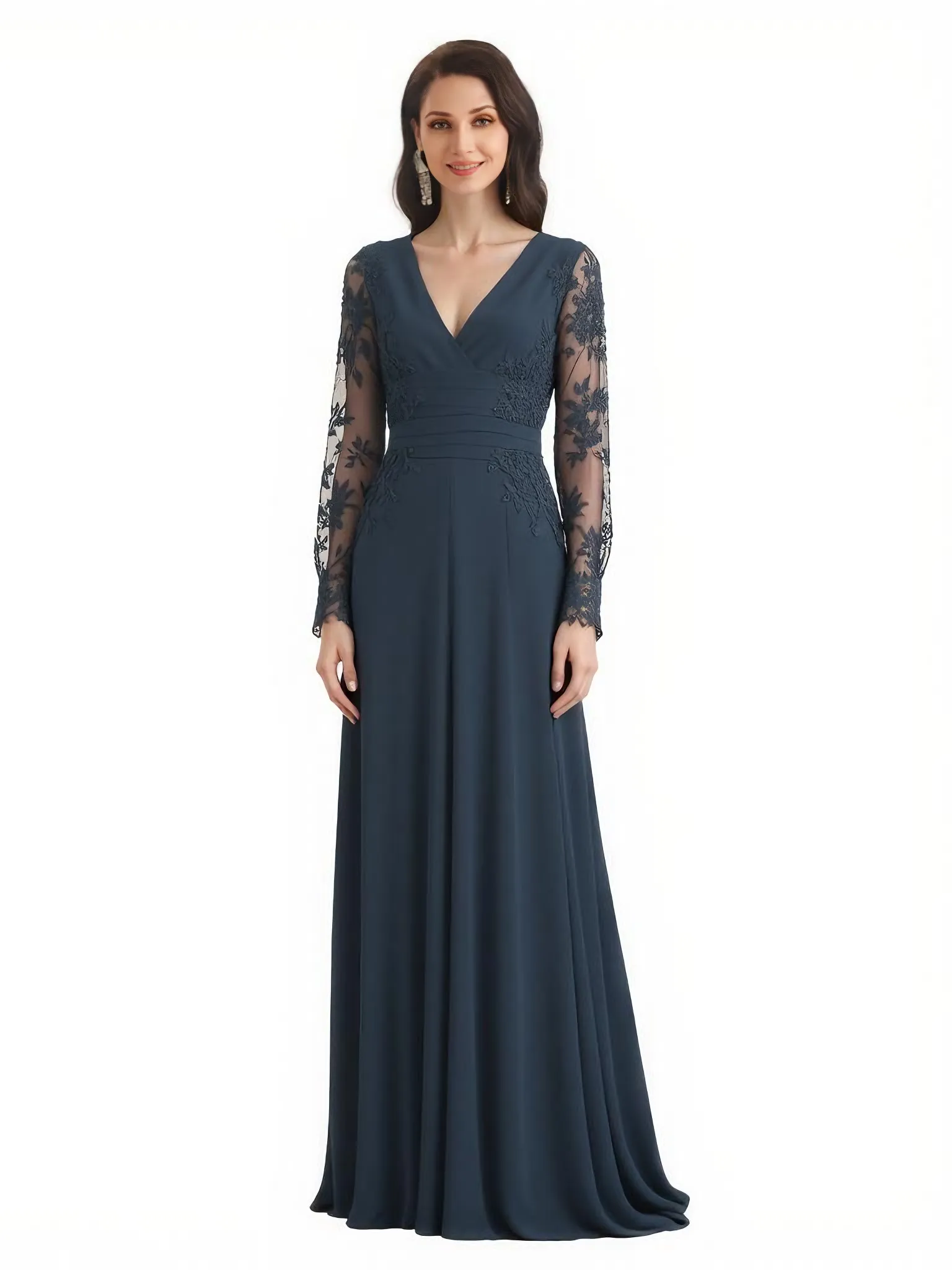 Elegant Chiffon Long Sleeves V-Neck A-Line Floor Length Mother Of The Bride Dresses sold by ChicSew