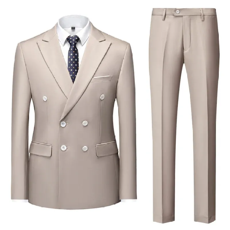Beige Casual Men's Suit Slim Fit Double Breasted 2 Piece Business Tuxedos CN482 sold by ChicSew