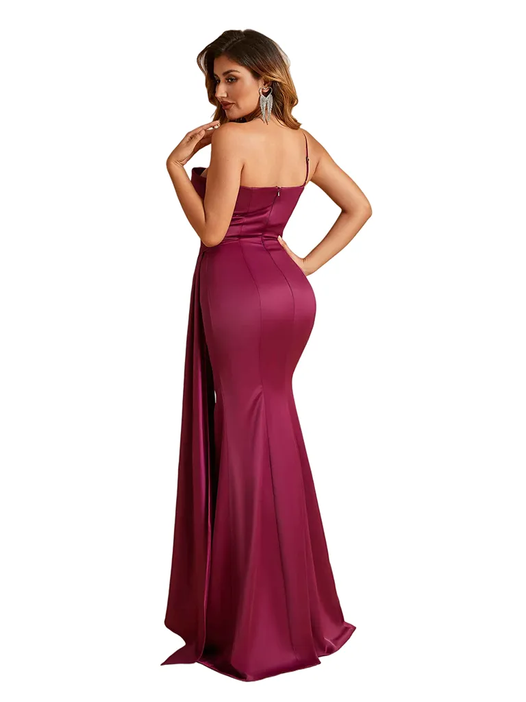 Sexy One Shoulder Mermaid Soft Satin Long Bridesmaid Dresses Side Slit sold by ChicSew product image thumbnail 3