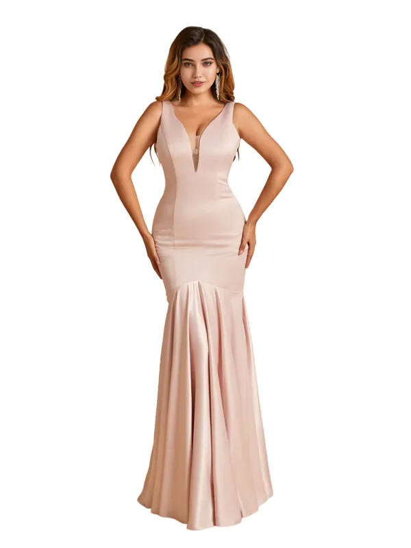 Sexy Deep V-Neck Mermaid Soft Satin Open Back Long Bridesmaid Dresses sold by ChicSew