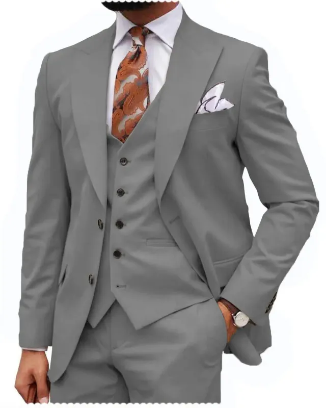 Grey Classic 3 Piece Men's Suit with Regular Fit and Sophisticated Peak Lapel CN480 sold by ChicSew