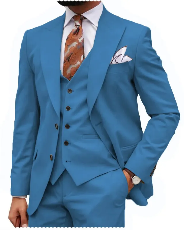 Blue Classic 3 Piece Men's Suit with Regular Fit and Sophisticated Peak Lapel CN473 sold by ChicSew