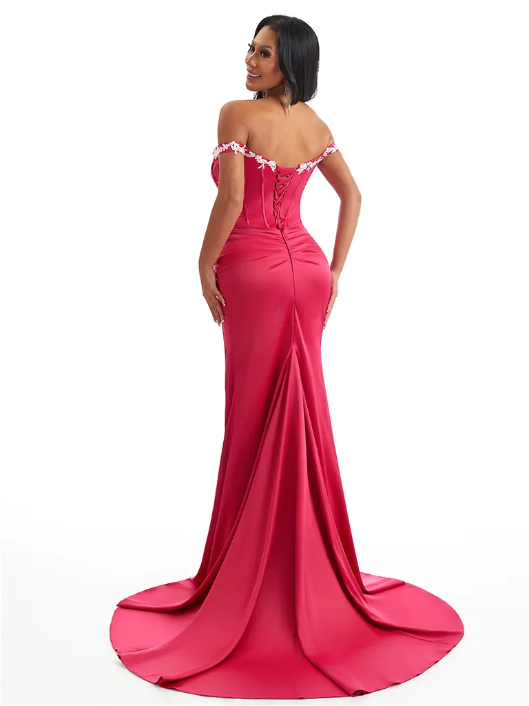 Sexy Off Shoulder Mermaid Soft Satin Twisted Knot Side Slit Long Bridesmaid Dresses Online sold by ChicSew product image thumbnail 3