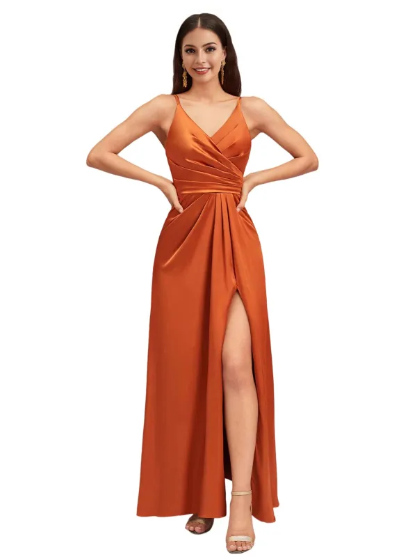 Elegant Spaghetti Straps V-Neck A-Line Soft Satin Ankle-Length Bridesmaid Dresses sold by ChicSew