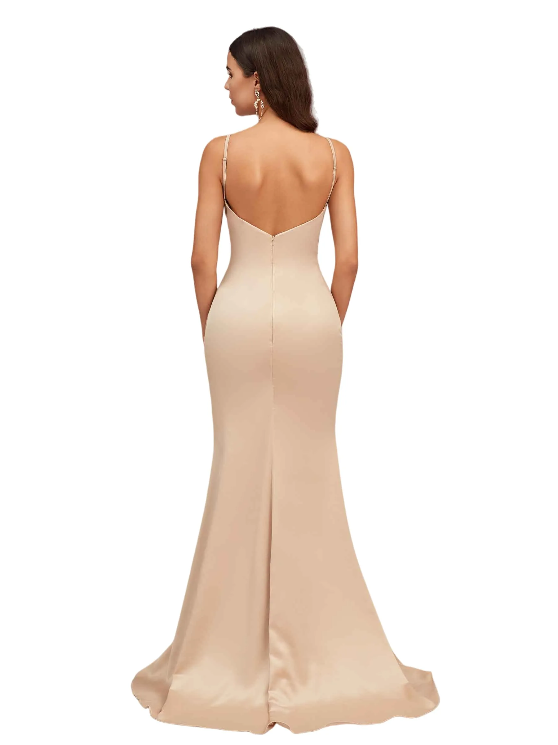 Elegant Spaghetti Straps V-Neck Side Slit Mermaid Stretch Satin Long Bridesmaid Dresses sold by ChicSew product image thumbnail 3