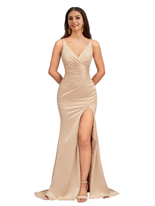 Elegant Spaghetti Straps V-Neck Side Slit Mermaid Stretch Satin Long Bridesmaid Dresses sold by ChicSew