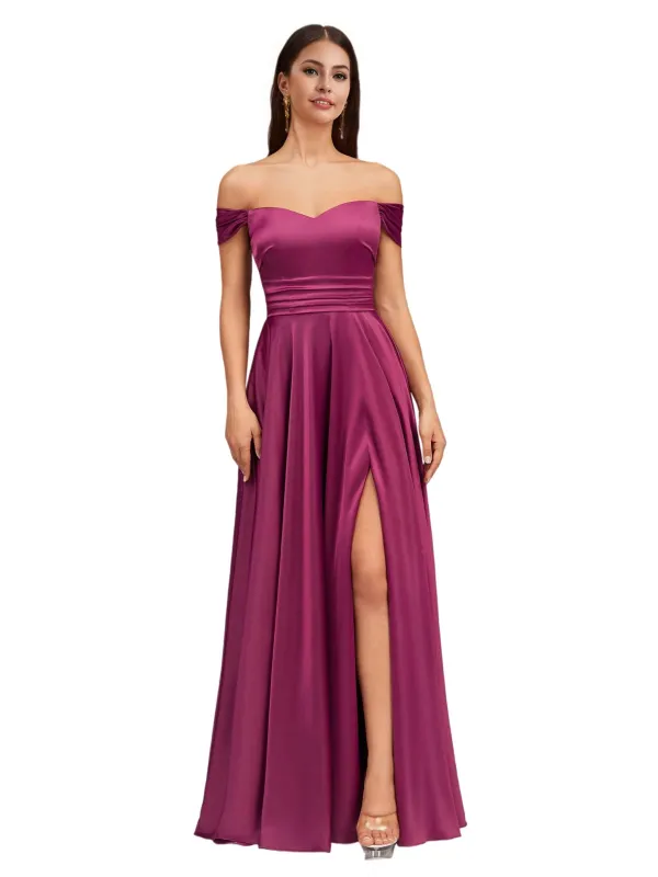 Elegant Off Shoulder A-Line Side Slit Soft Satin Long Bridesmaid Dresses sold by ChicSew