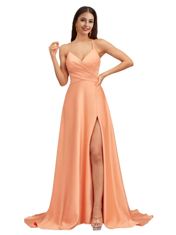 Sexy Spaghetti Straps A-Line Soft Satin Criss cross Side Slit Long Bridesmaid Dresses sold by ChicSew