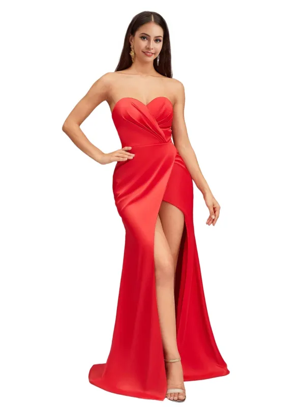 Sexy Front Slit Strapless Sweetheart Mermaid Soft Satin Long Bridesmaid Dresses Online sold by ChicSew