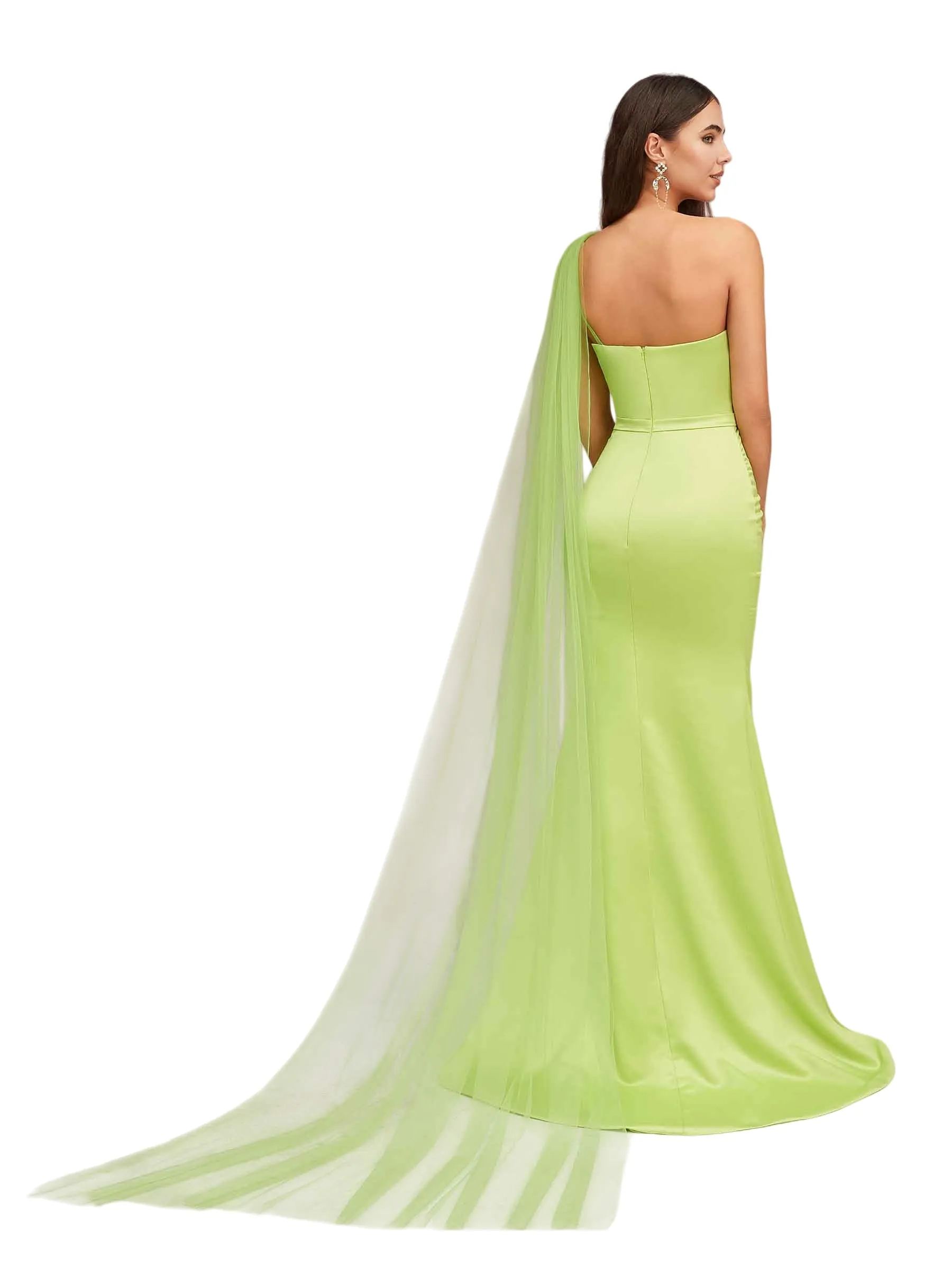 Elegant Mermaid One Shoulder Zipper Back Soft Satin Long Bridesmaid Dresses sold by ChicSew product image thumbnail 3