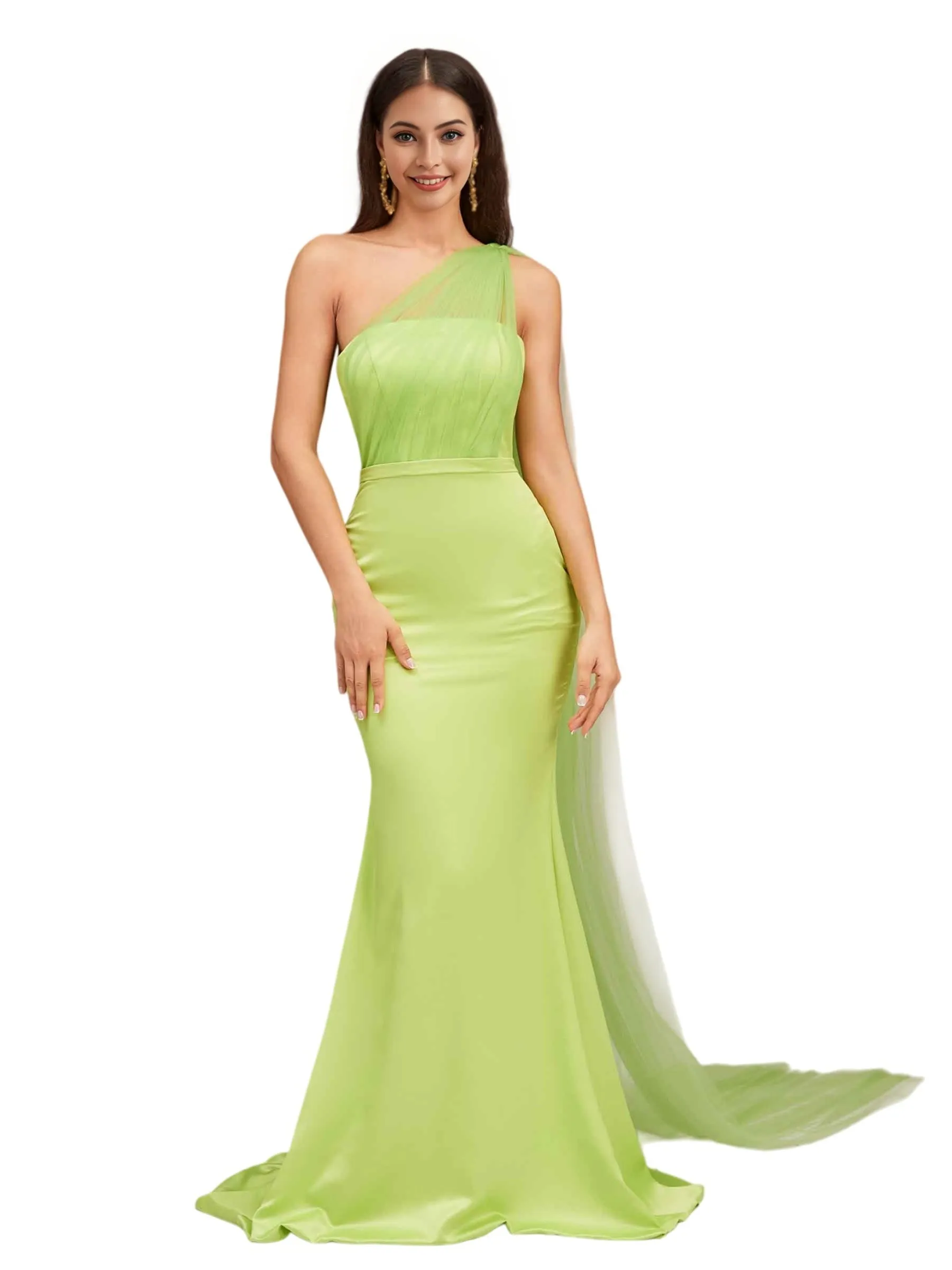 Elegant Mermaid One Shoulder Zipper Back Soft Satin Long Bridesmaid Dresses sold by ChicSew product image thumbnail 5