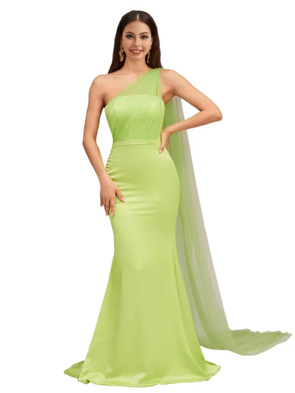 Elegant Mermaid One Shoulder Zipper Back Soft Satin Long Bridesmaid Dresses sold by ChicSew