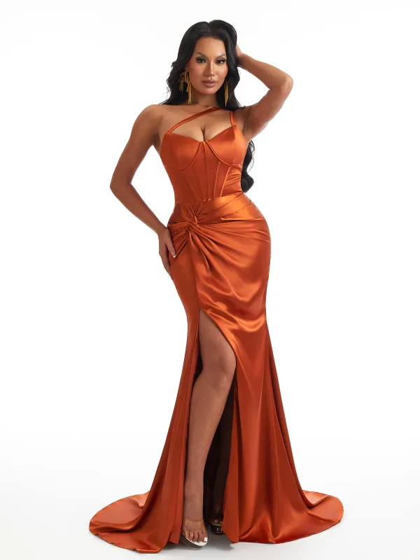 Sexy One Shoulder Mermaid Soft Satin Boning Side Slit Unique Long Bridesmaid Dresses sold by ChicSew