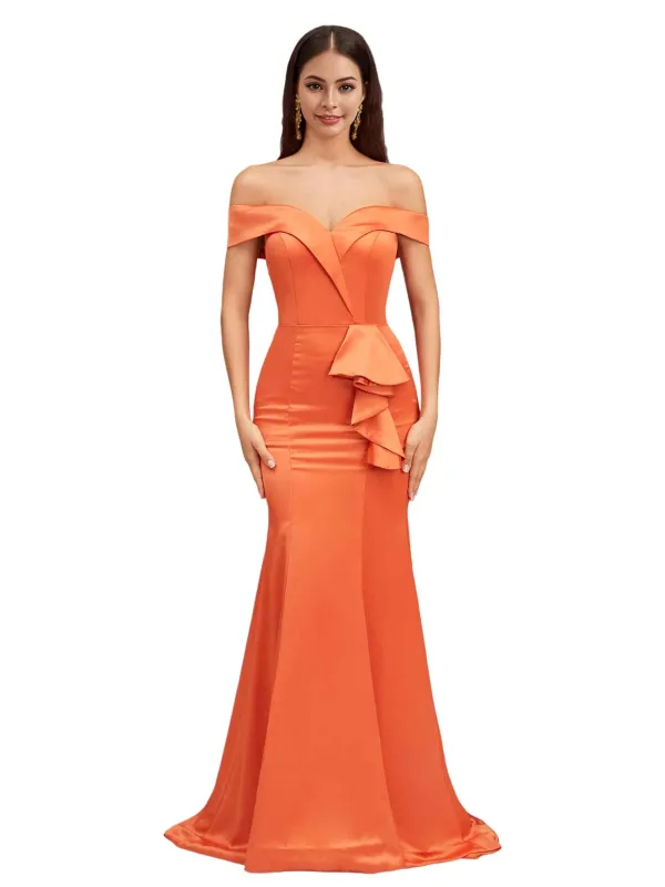 Sexy Off The Shoulder Mermaid Satin Long Bridesmaid Dresses Online With Bow sold by ChicSew