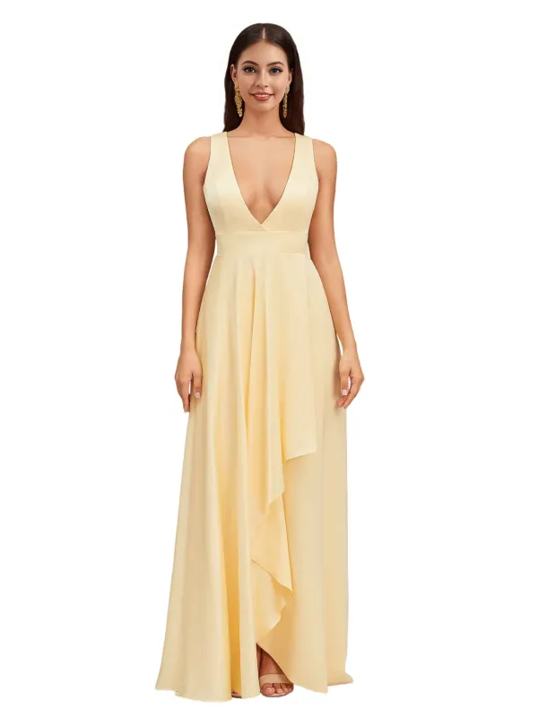 Sexy Deep V-Neck Soft Satin A-Line Long Bridesmaid Dresses Online sold by ChicSew