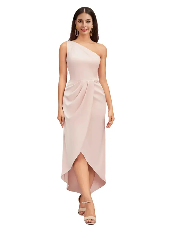 Elegant One Shoulder Slit High Low Soft Satin Midi Bridesmaid Dresses Online sold by ChicSew